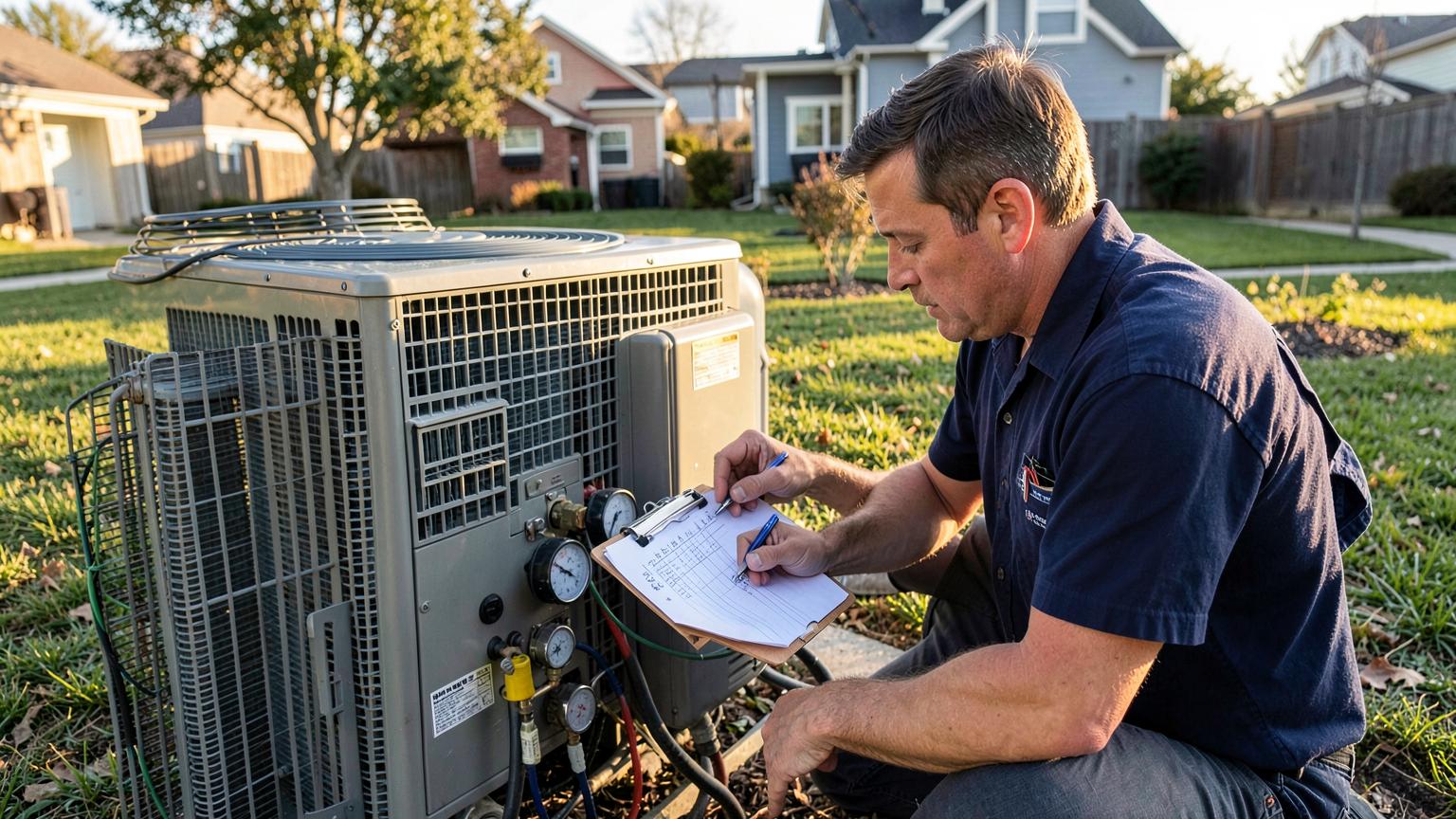 HVAC technician writing a quote on a clipboard next to a residential condenser unit
