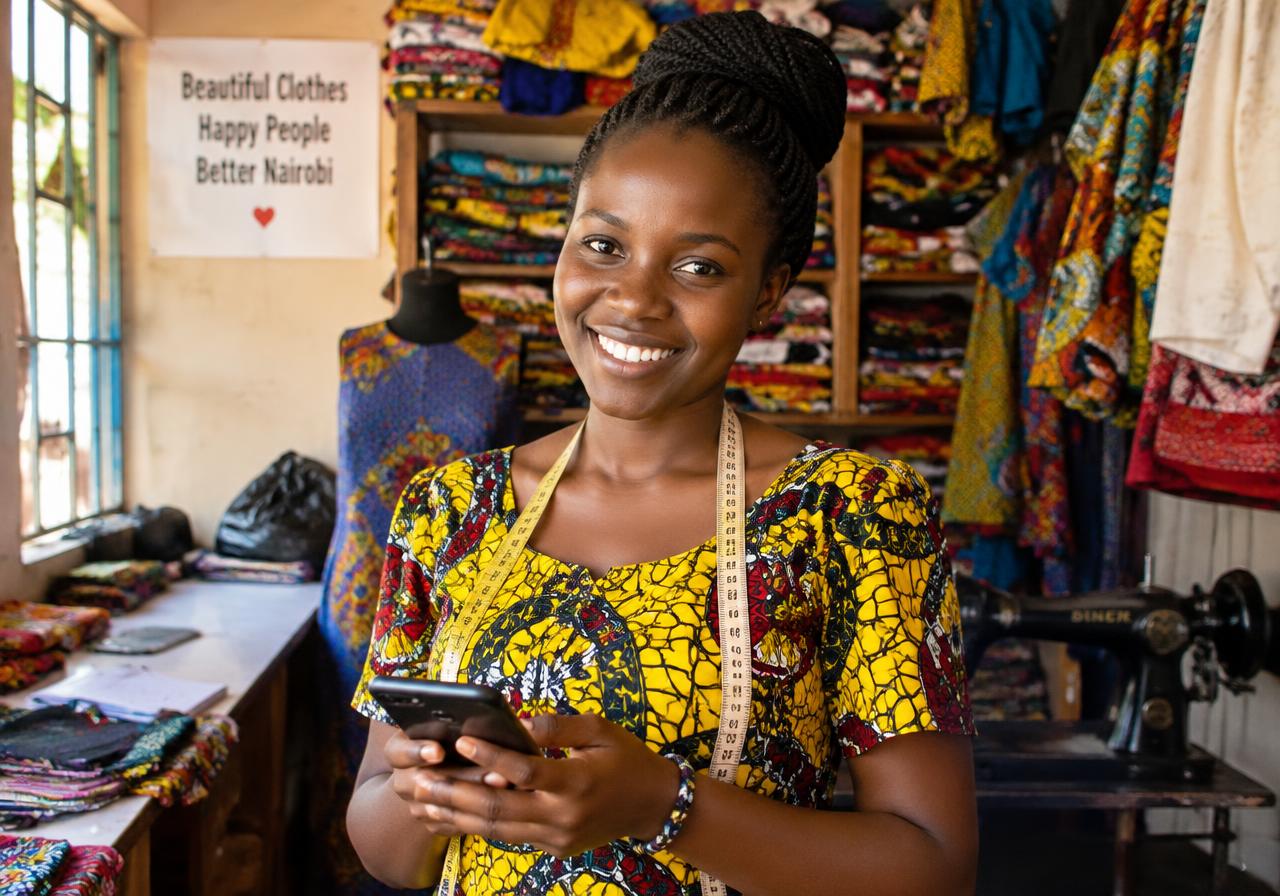 Kenyan tailor using her phone in her shop