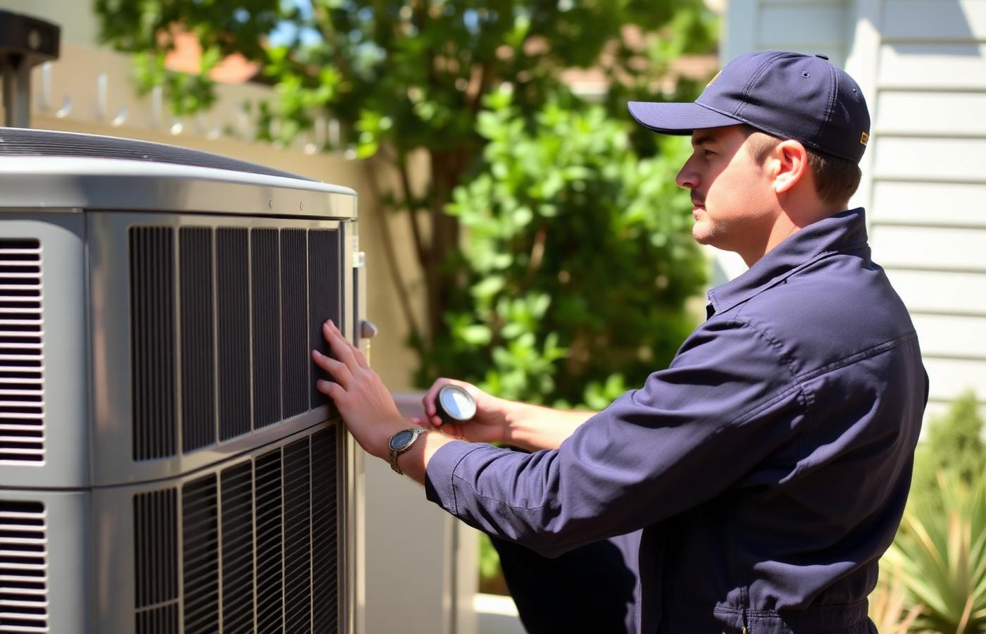 HVAC technician servicing an outdoor condenser unit
