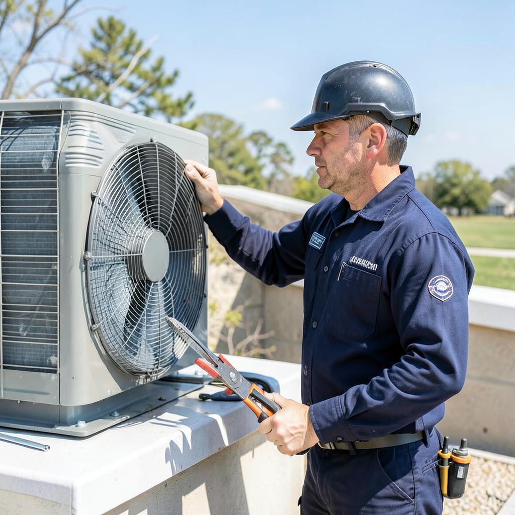 Technician servicing a rooftop AC unit